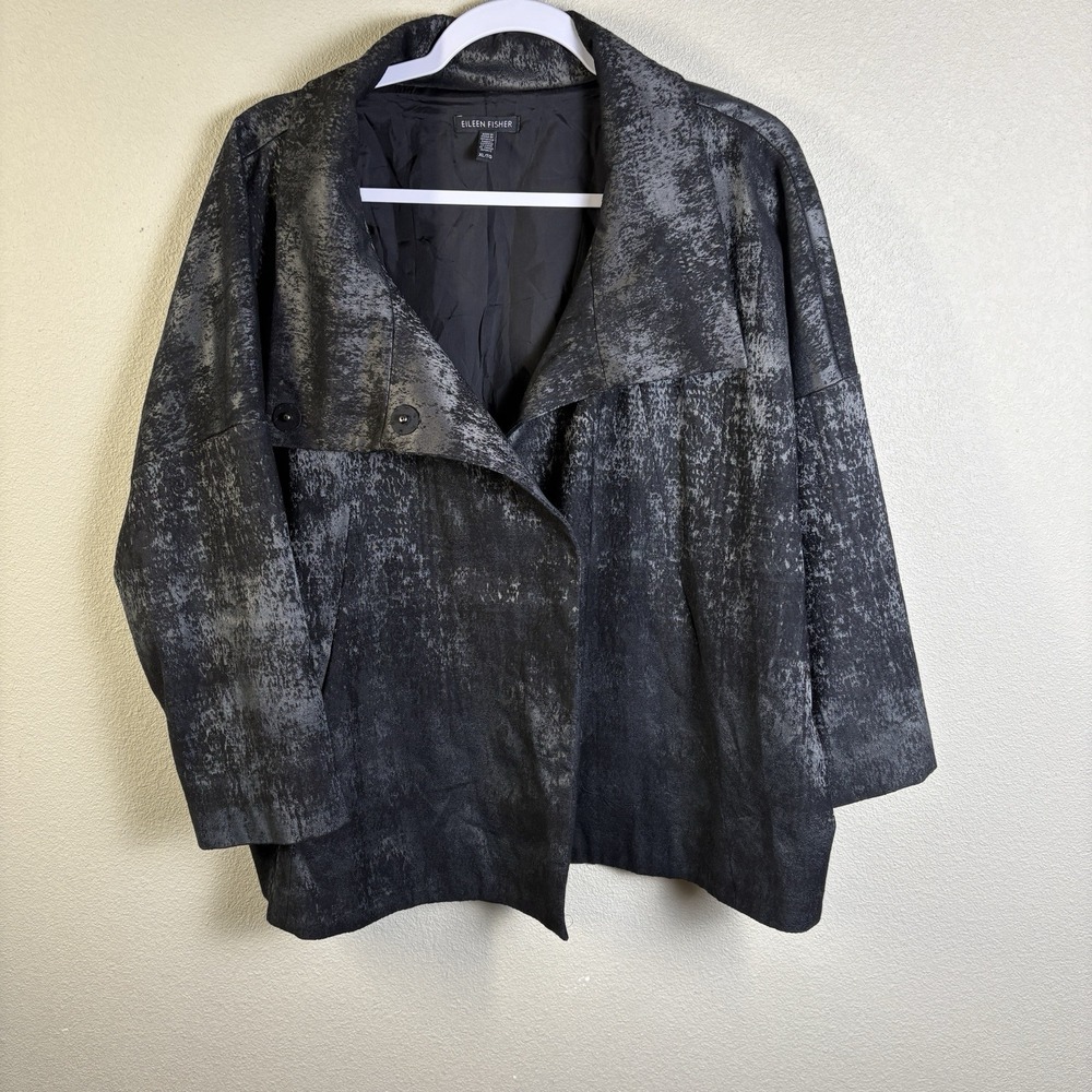 Eileen Fisher Charcoal Grandeur Jacquard High Collar Jacket Black Silver Coat XL